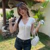 Holiday Style Orange V-neck Strap Short-sleeved T-shirt Women's Front Shoulder Summer Short Slim-fitting and Thin Versatile Top