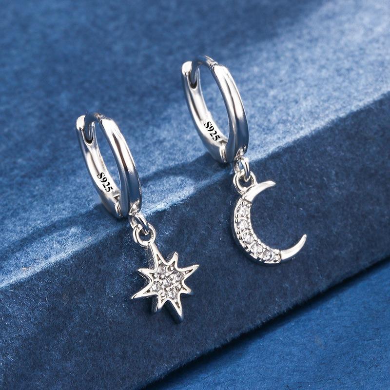 925 Silver CZ Star Moon Asymmetric Hoop Earrings for Women Gold Silver Stars Moon Circle Earrings Party Jewelry Gifts