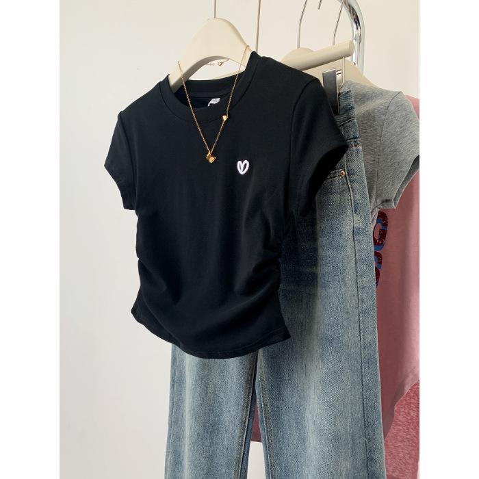 

Grey love embroidered short short-sleeved t-shirt women s summer 2025 new design slim-fitting front shoulder t-shirt top 2XL чорний