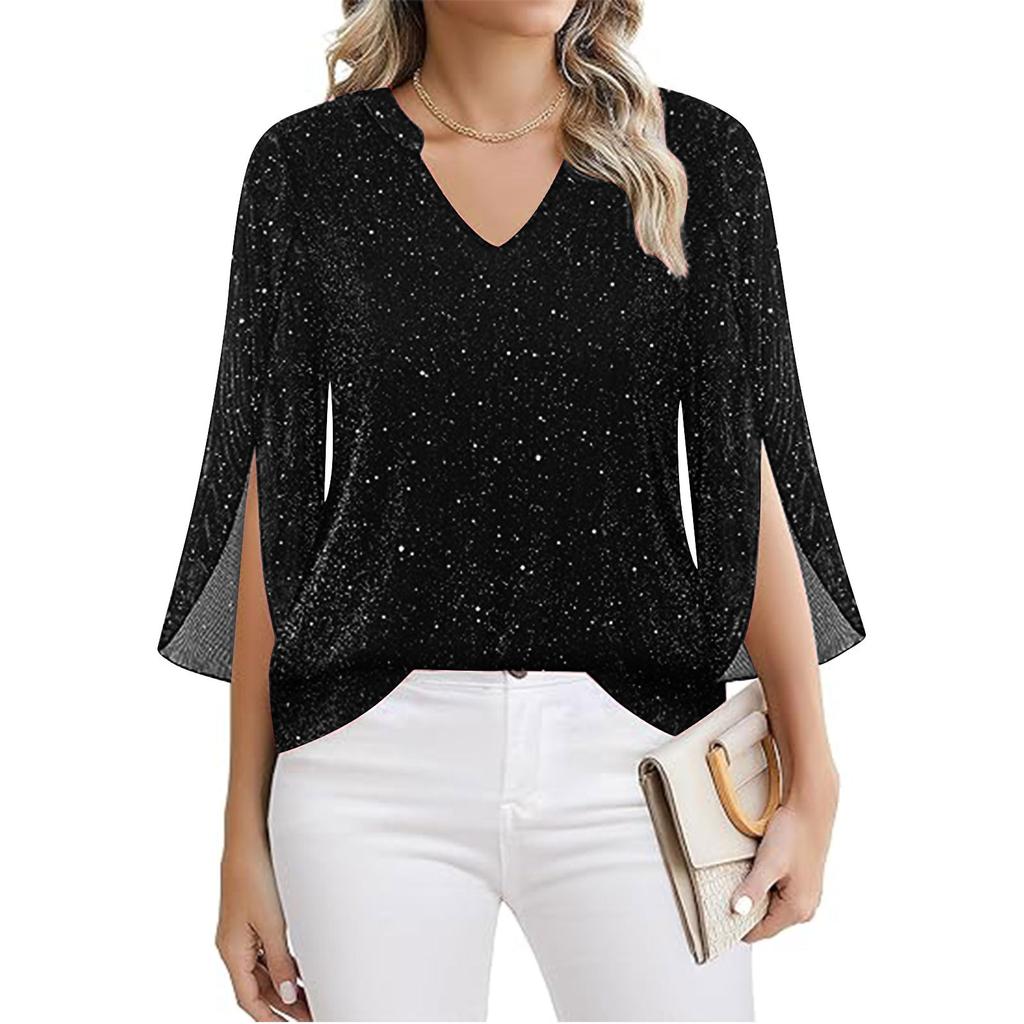 Haut à la mode pour femmes à double couche en maille, col en V, manches cloche trois-quarts, coupe ample