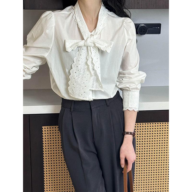 Tachibana Autumn Shirt Women's Tachibana Korean Temperament Bow White Shirt Women's Chic Top 8889