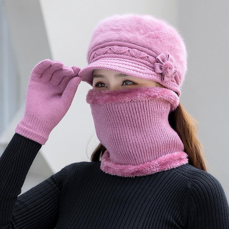 Women's Winter Rabbit Hair Knitted Hat, Snood, and Gloves Set - Fleece-Lined, Cold-Proof, Warm Wool for Middle-Aged and Elderly Moms