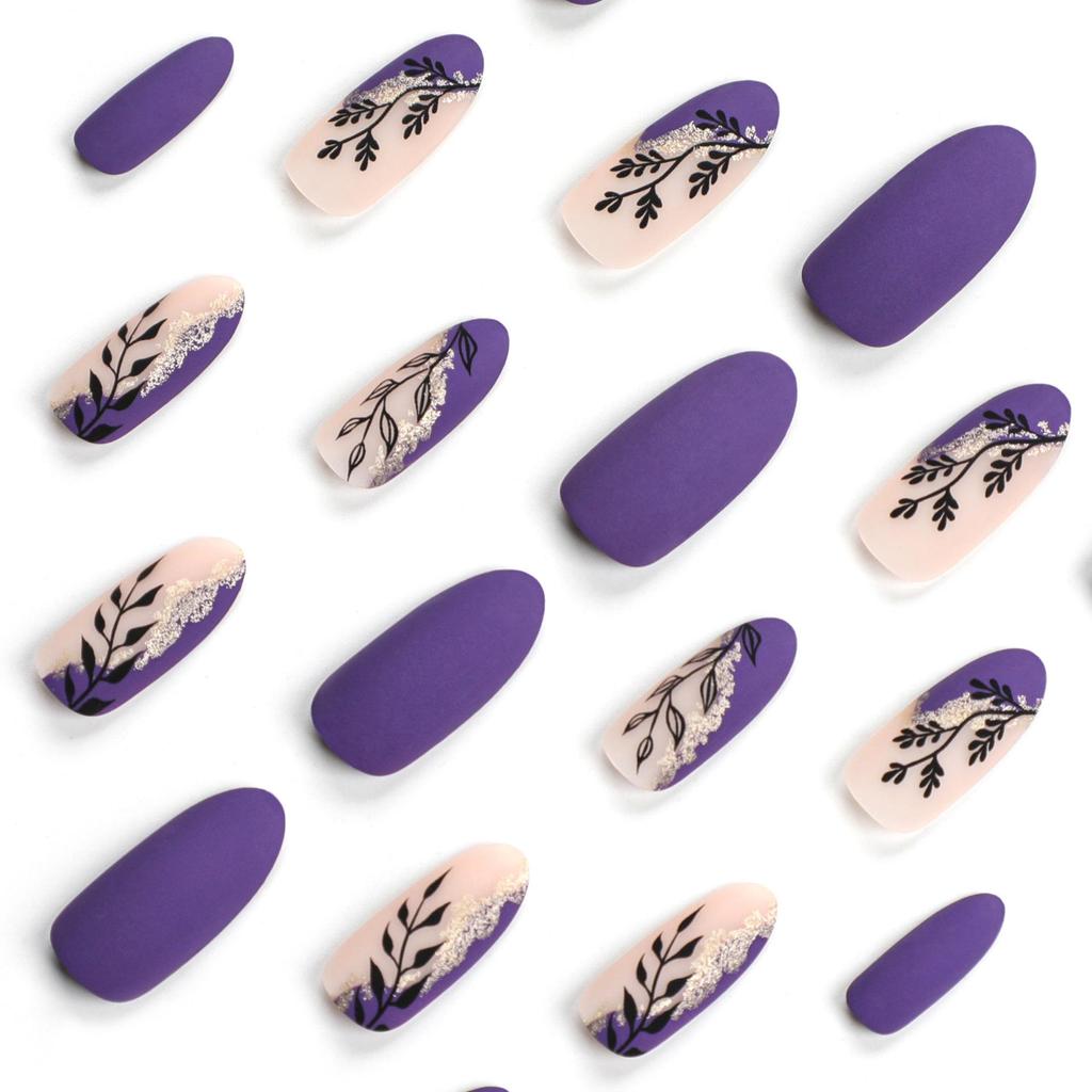 Simple Press-on Nails: Purple with Gold Glitter and Green Leaf Art Design