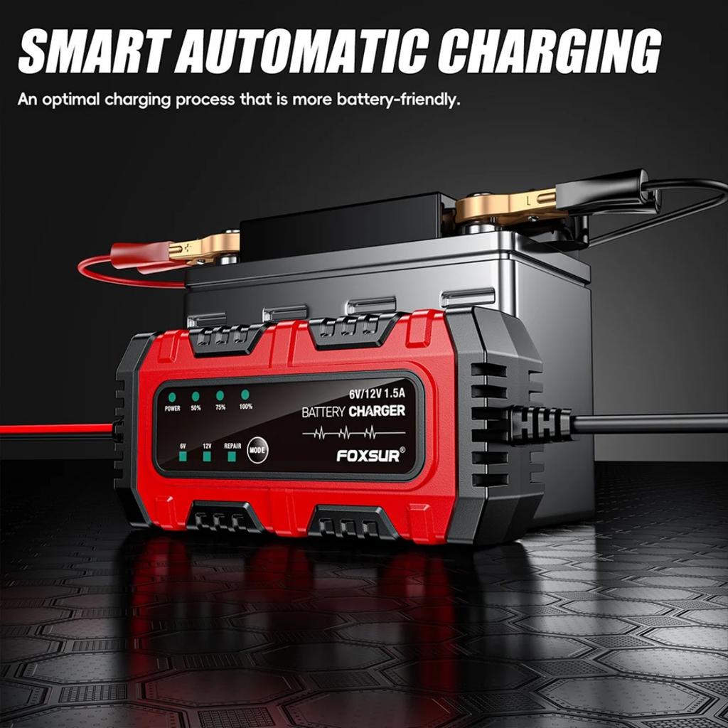 FOXSUR 6V 12V Vollintelligentes Batterieladegerät LCD-Display Intelligente Puls-Reparaturladung Auto Motorrad AGM GEL Blei-Säure-Batterien