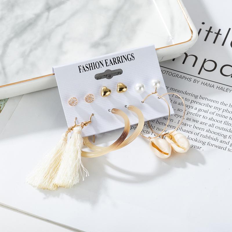 Fashion Acrylic Artificial Pearl Circle Fringed Stud Earrings Set 6-Piece Set, Style Earrings