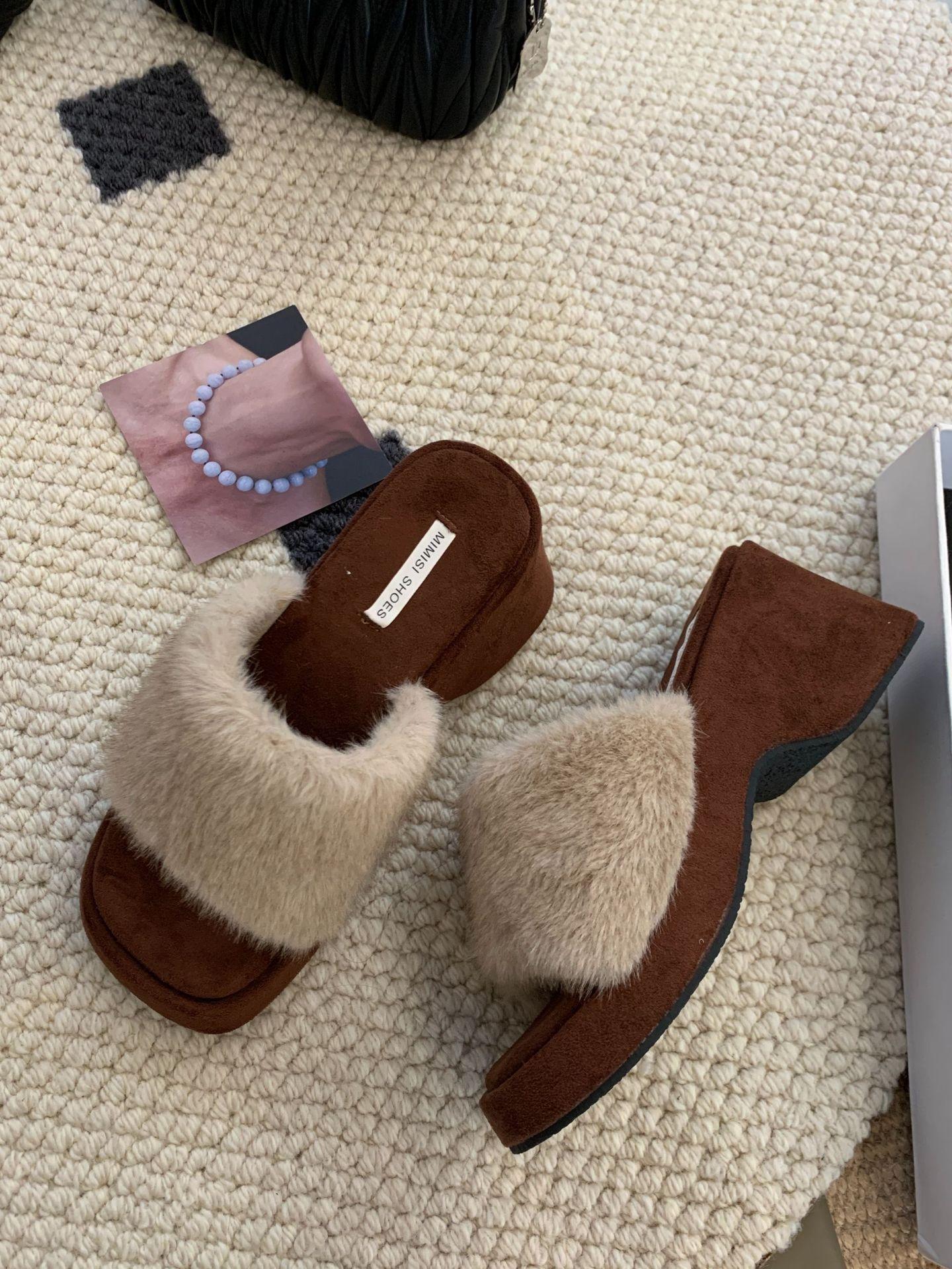 

French fashion leopard print thick high-heeled cotton slippers women s 2025 autumn and winter new gentle square head one-word fluffy slippers 35