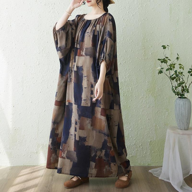 Short Sleeve Plus Size Cotton Vintage Floral New In Dresses for Women Casual Loose Maxi Long Summer Dress