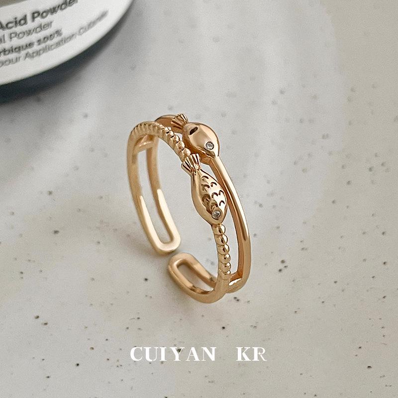 S925 Sterling Silver Korean Double Layer Fish Design Open Ring for Women - Trendy and Unique Silver Jewelry