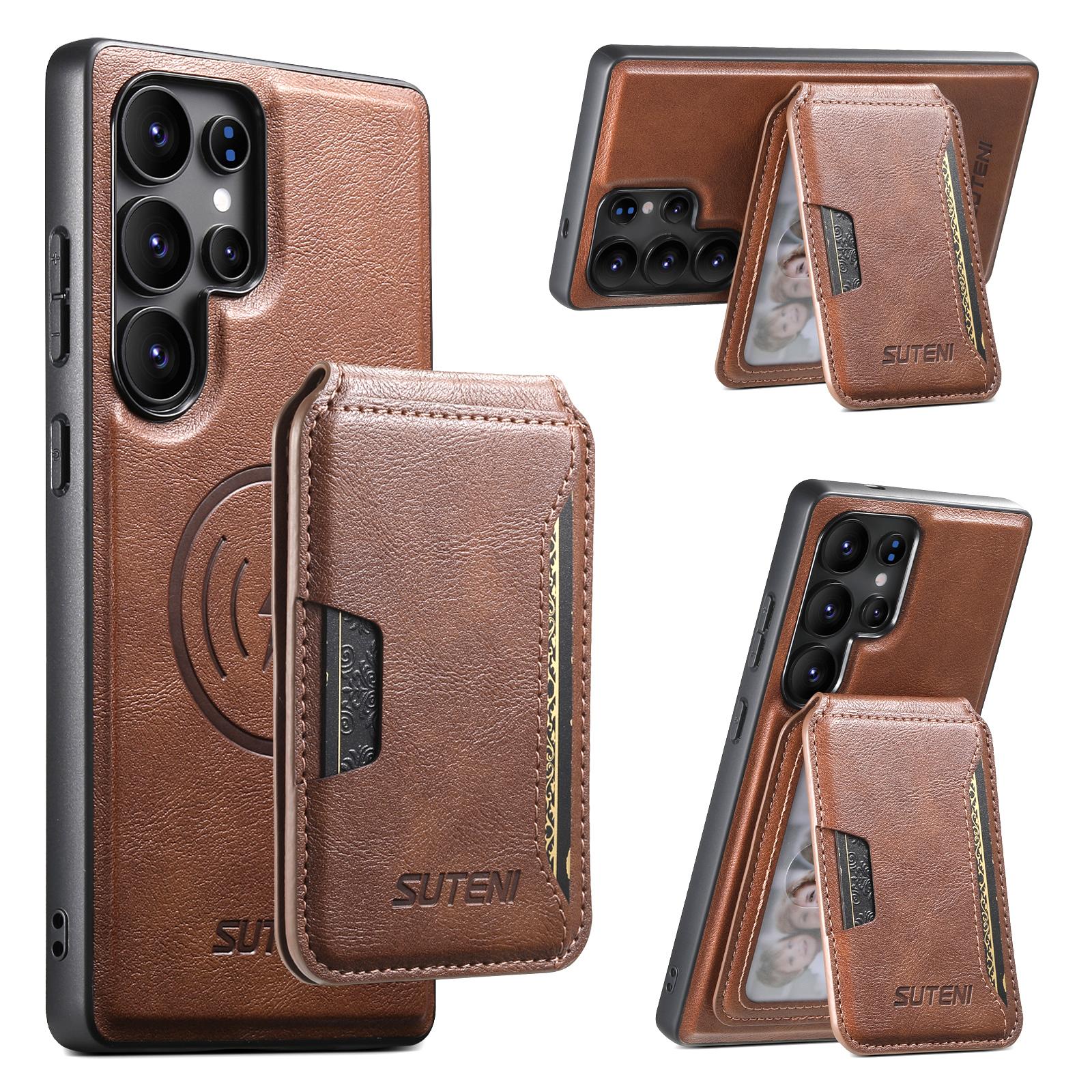 

Для Samsung Galaxy S24 Ultra Магнітний чохол Шкіряна задня кришка з текстурою коров ячої шкіри з кишенькою для карток і підставкою Brown