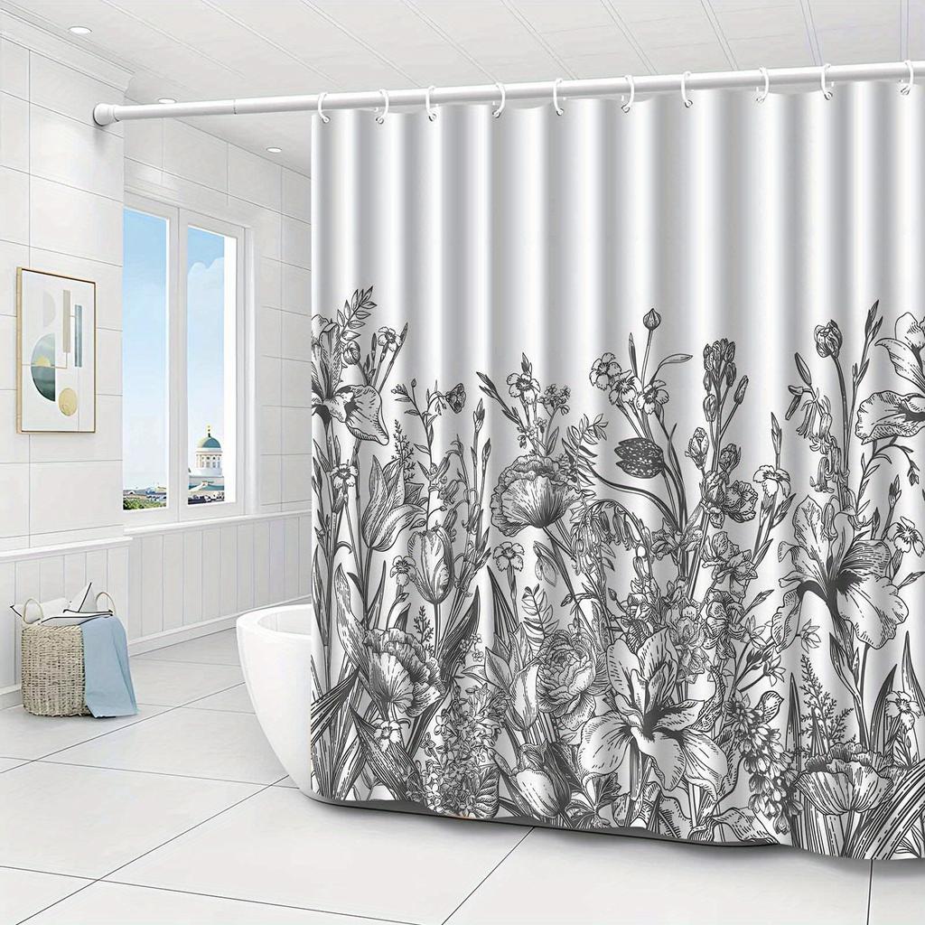 1Pc Black And White Botanical Patterned Shower Curtain, Made Of Polyester, Machine Washable, Suitable For Bathroom Dcor.