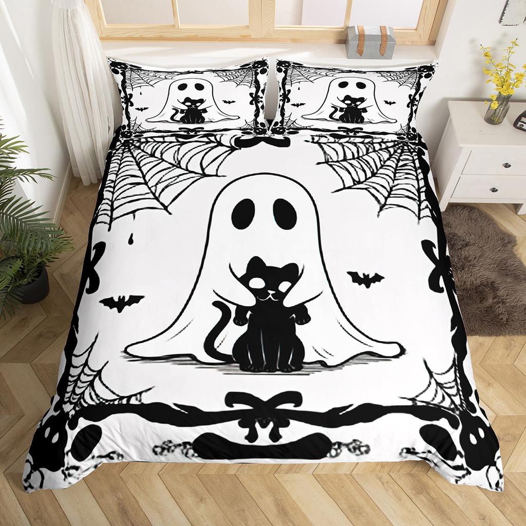 Homewish Funny Halloween Ghost Duvet Cover Set,Gothic Spider Web Bedding Set,Teens Boys Girls Kids Bed Set