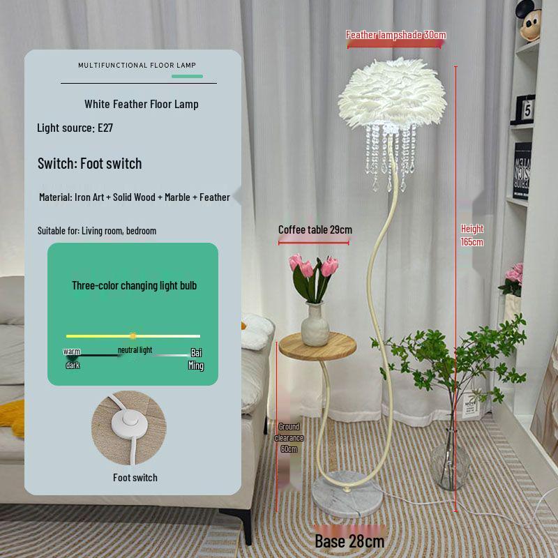 Elegant Crystal Feather Floor Lamp with Side Table Storage - Perfect for Living Room or Bedroom