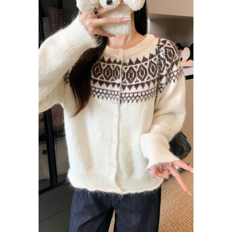 2025 Retro Nordic Fair Isle Loose Knit Cardigan Sweater for Women