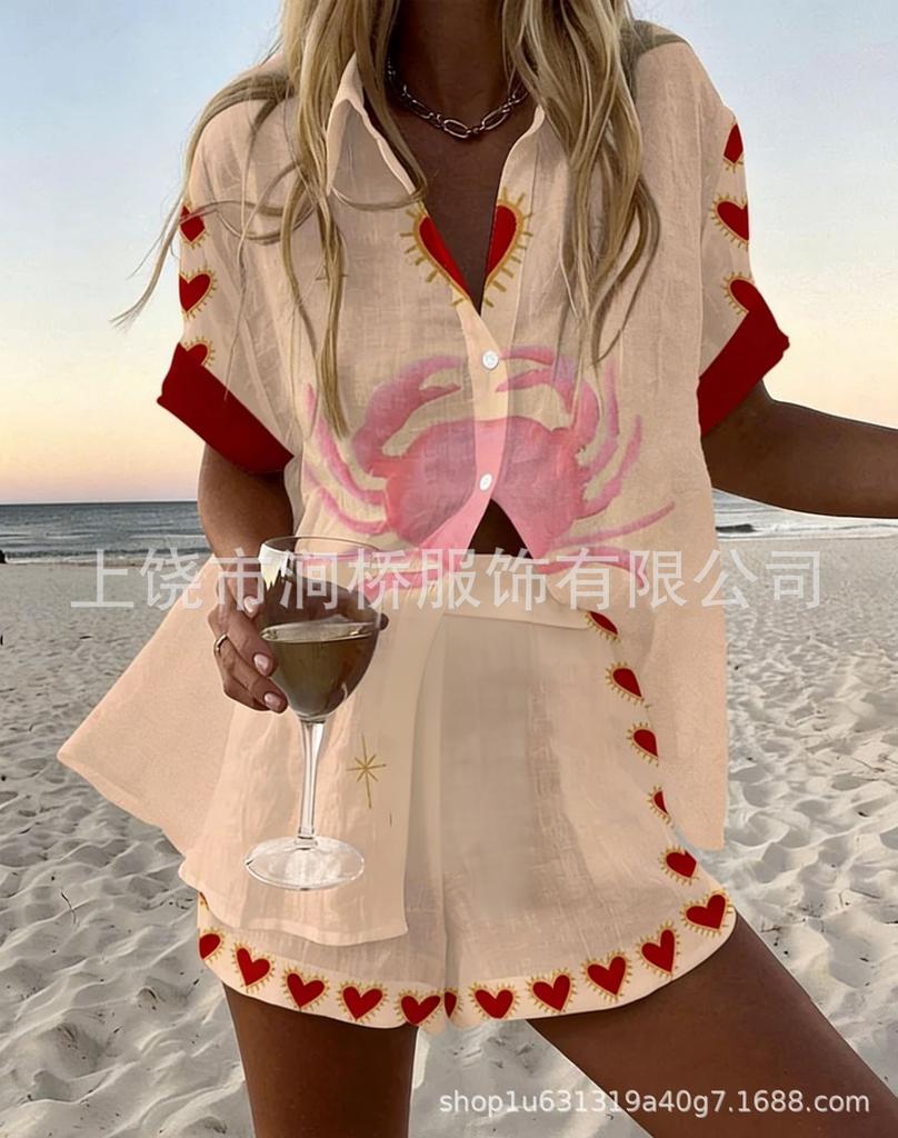 Hot Sale Casual Holiday Shirt Set Beach 1D Printed Shirt Shorts Women's Suit Customized-Made