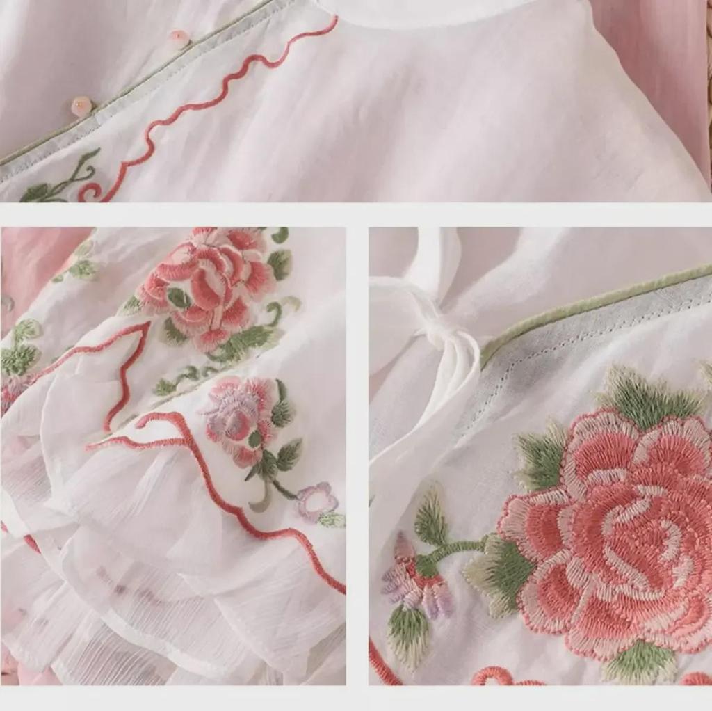 Women's Ethnic Embroidered Cotton-Linen Shirt, Oblique Collar, 3/4 Sleeves, Retro Literary Summer Tea Dress.