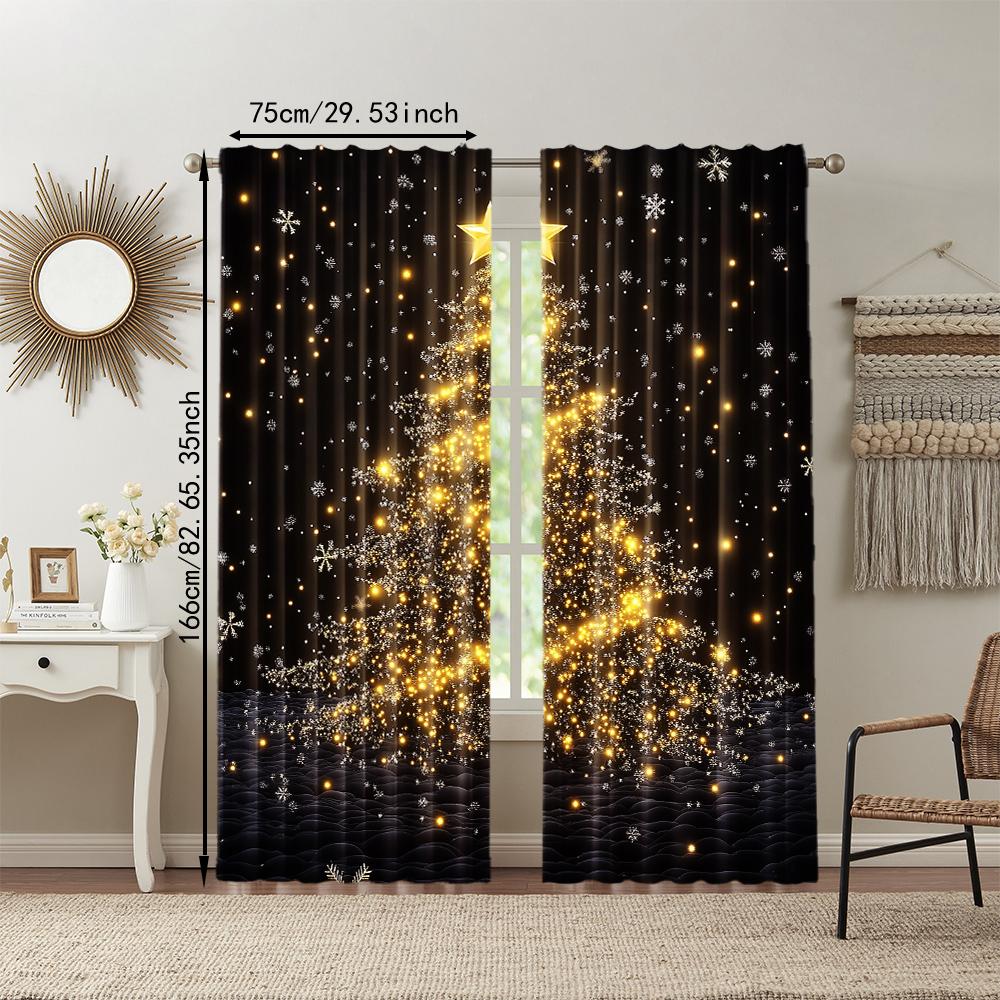 Set aus 2 Goldfarbenen Weihnachtsbäume Druck Vorhängen Stangenloch Design Einfaches Aufhängen Perfekt Wohnzimmer Schlafzimmer Büro Polyester Hausgemacht Großes Fenster