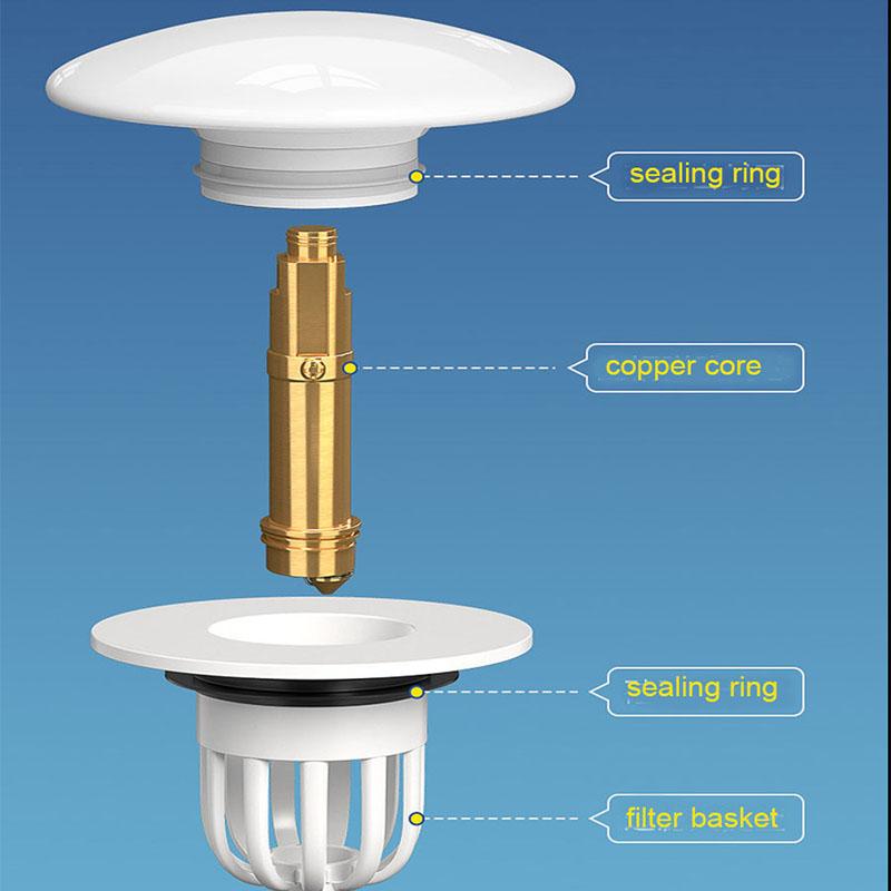 White Ceramic Sink Drain Stopper Push-Type With Anti-Rust Copper Core Hair Filter Leakproof Bathroom Basin Plug