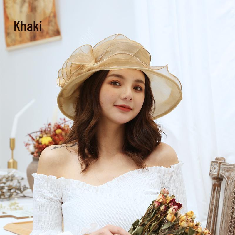 Damen Vintage Sonnenhut mit breiter Krempe und Organzablumen