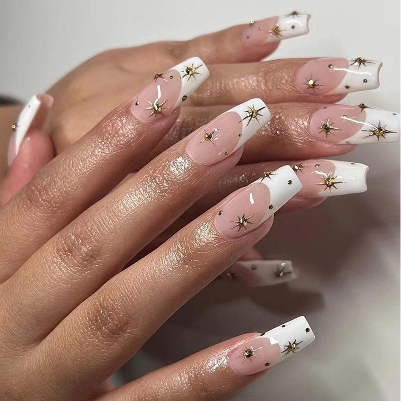 French White Edge Nail Stickers with Rhinestones and Starry Sky Design