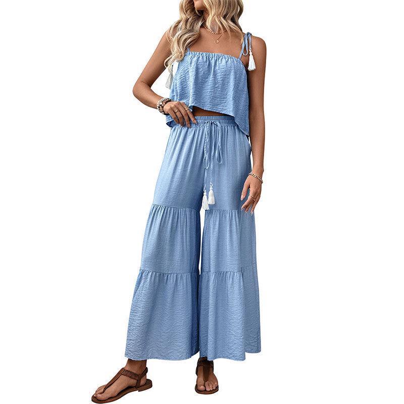 2026 European & American Resort Set: Textured Camisole Top & Wide-Leg Pants Two-Piece
