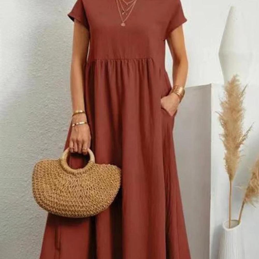 Women Elegant Solid Maxi Dress Summer Short Sleeve O Neck Vintage Harajuku Cotton Linen Loose Sundress Y2K Pockets Long Dress