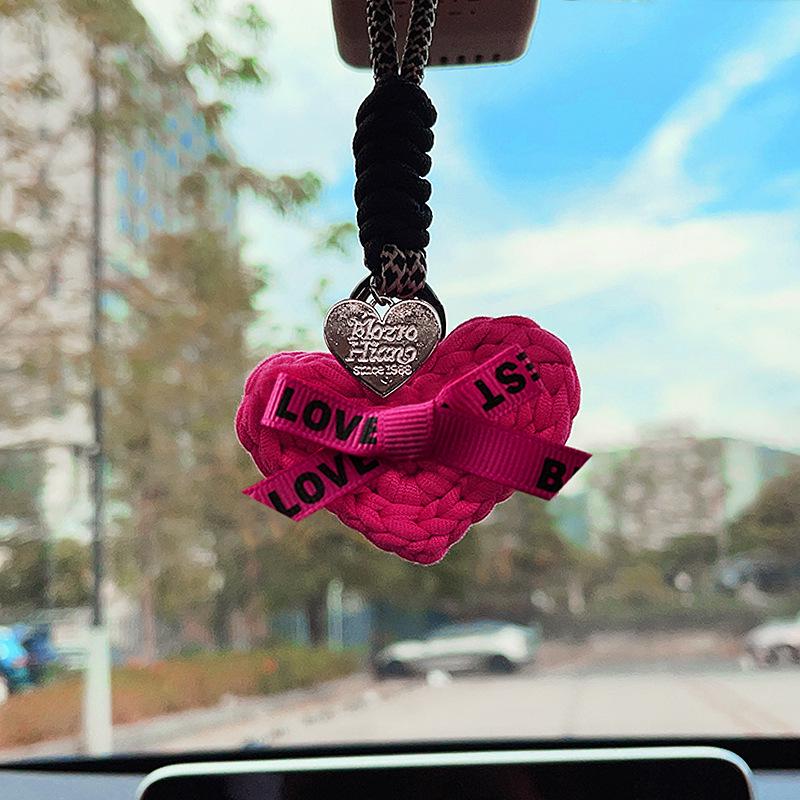 Hand-Knitted Rose Red Heart Rearview Mirror Ornament - Cute Wool Pendant for Car Interior