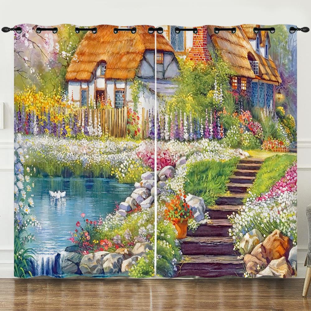Curtain Oil Painting Landscape Firefly 3D Digital Printing Blackout Curtain Punching