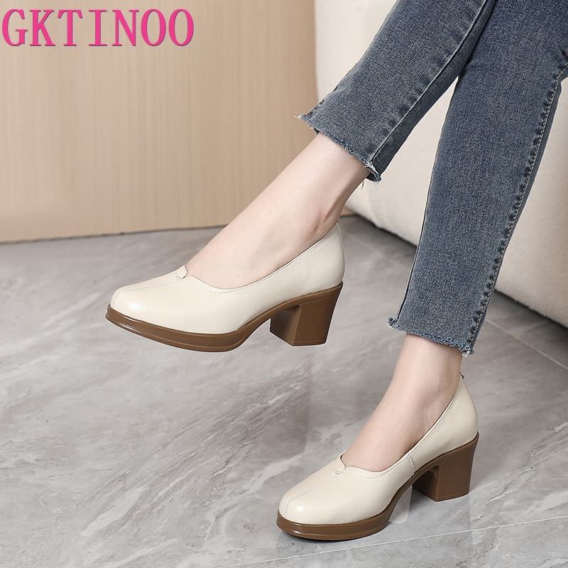 Fashion GKTINOO 2025 New Fashion Women Pumps Round Toe Thick Heels Genuine Leather Shoes Woman Spring Summer Office Ladies Shoes Comfort