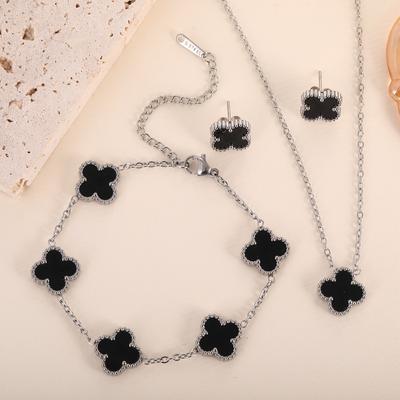 3PCS Titanium Steel Double-sided Clover Necklace Bracelet Earring Set