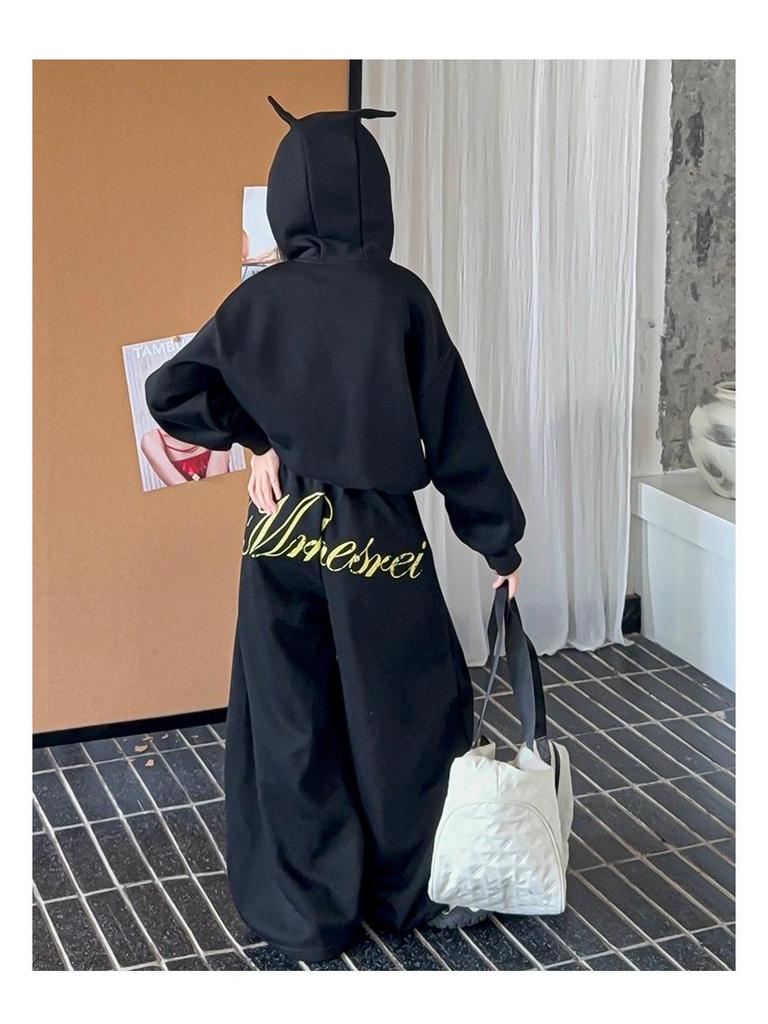 Girls' Spring & Autumn 2025 Set: Korean Style Hooded Jacket with Star Scimitar Pants for Middle & Big Kids