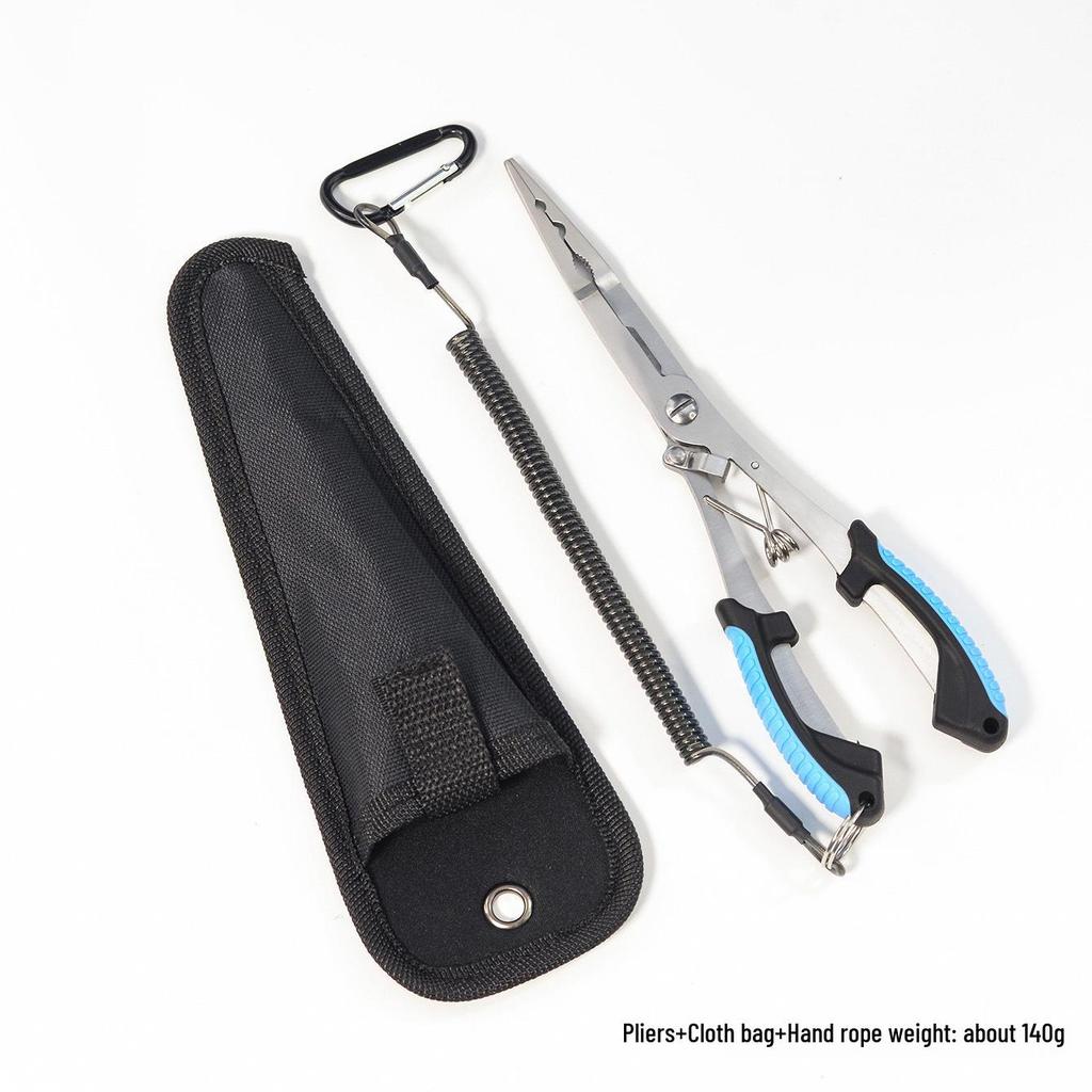 Long Nose Multifunctional Fishing Pliers: Lure, Fish Mouth Clamp, Hammer, Line Cutter, and Hook Control Tool.