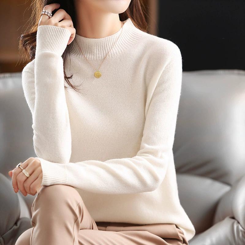 Half High Neck Fashionable Versatile Knitted Sweater for Women, Autumn and Winter Short Style Pullover, Solid Color Loose Sweater Base