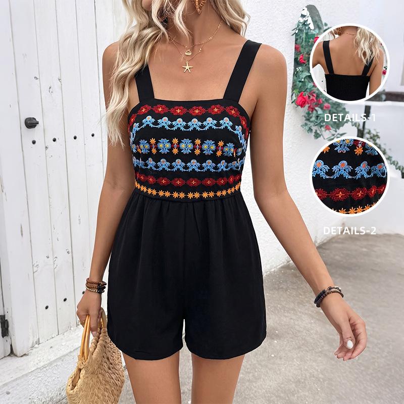 Women s Boho Floral Embroidery Tank Rompers Summer Smocked Sleeveless Vacation Sling Jumpsuit Shortalls S