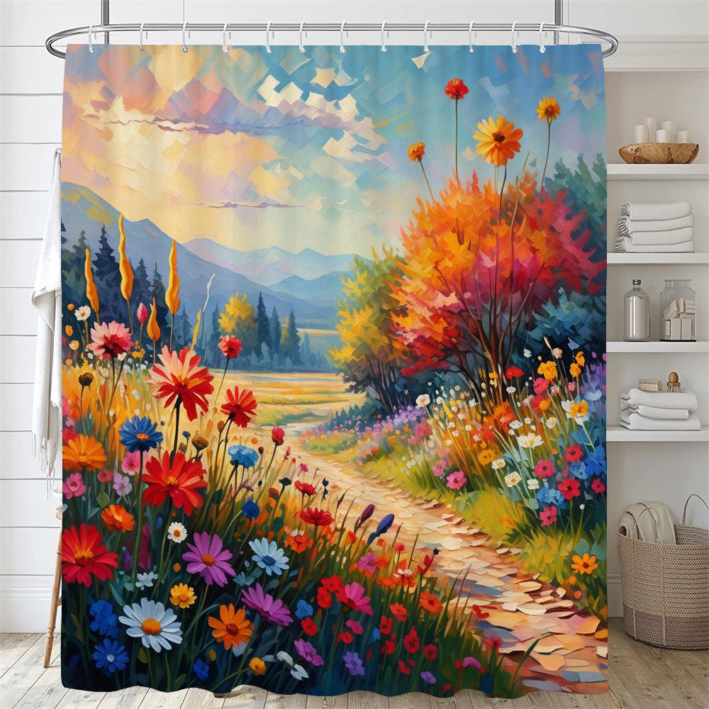 Colorful Flowers and Plants Shower Curtain Scenery Bathroom Curtain Romantic Bath Curtain Polyester Waterproof Bathroom Shower