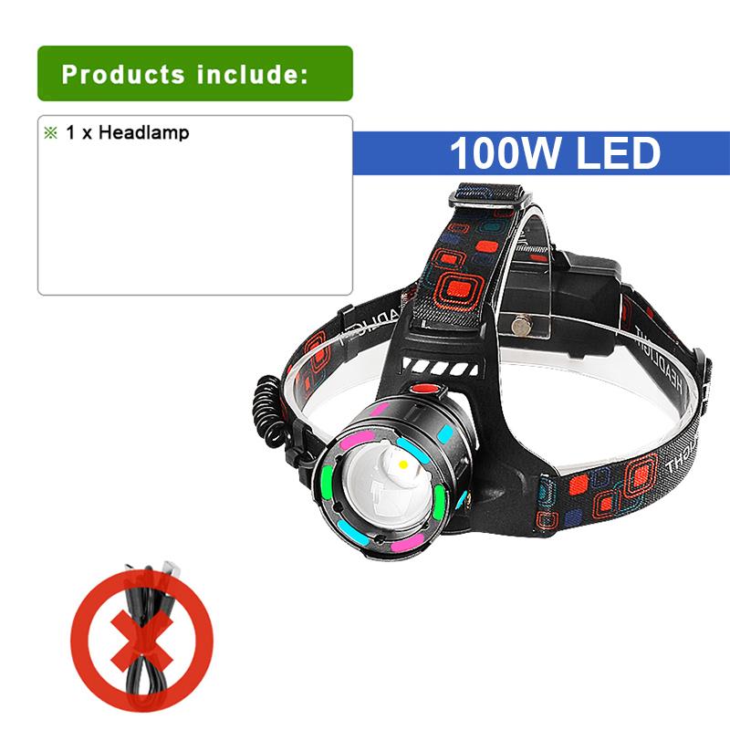 Headlamp Powerful 100W LED Head Light High Lumen 5000LM Head Lantern Fishing Head Flashlight Fluorescent Light Lamp
