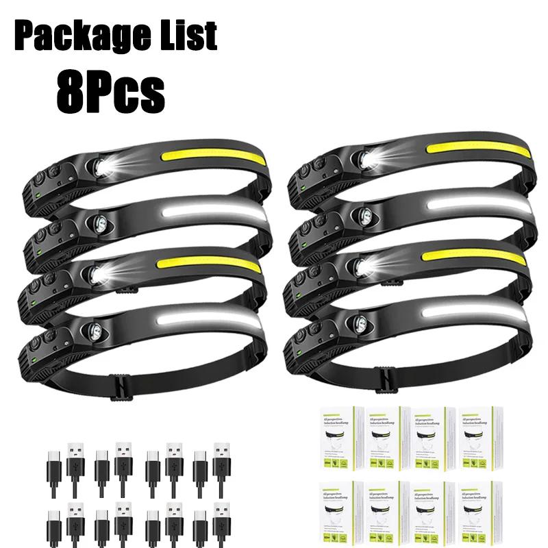Sensor Headlamp USB Rechargeable LED Flashlight XPE+COB Torch Camping Waterproof Headlight for Fishing Lantern 1/2/3/4/5/8/10PCS