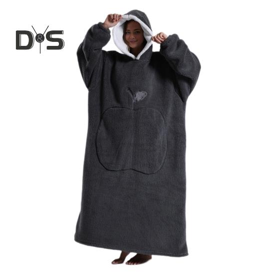 Winter Wearable Blanket Bathrobe with Big Pocket Thick Double-sided Fleece Loose Long Sleeves Pajamas Heat Retention Full Protection Home Lazy Sleeve