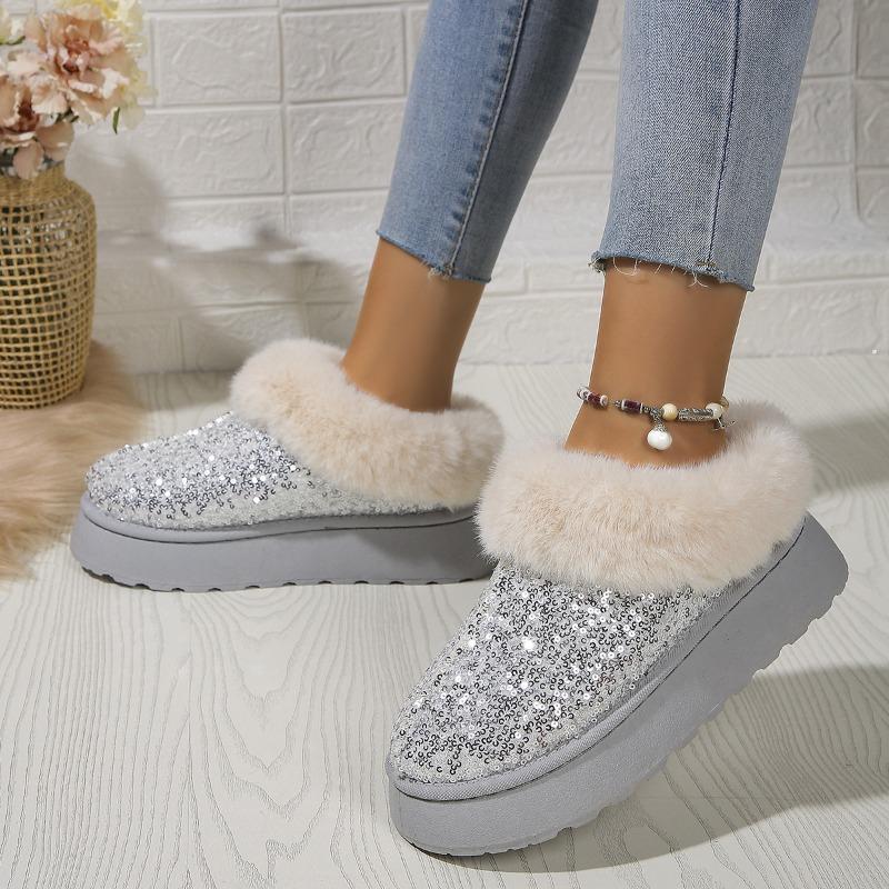 Women's Plus Size New Autumn Winter Chunky Sole Thickened Furry Snow Boots Sequin Upper