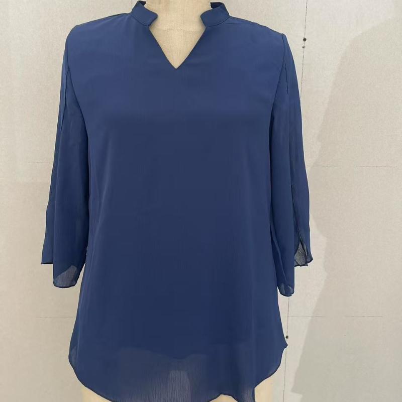 

V-Neck 3/4 Sleeve Chiffon Blouse for Women, Solid Color Casual Tops, Loose Fit Tunic Shirt with Multiple Color Options XXL Темно-синій