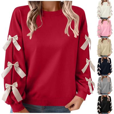 Women's Fashion Casual Sweet Loose Round Neck Bow Red Pullover Sweatshirt