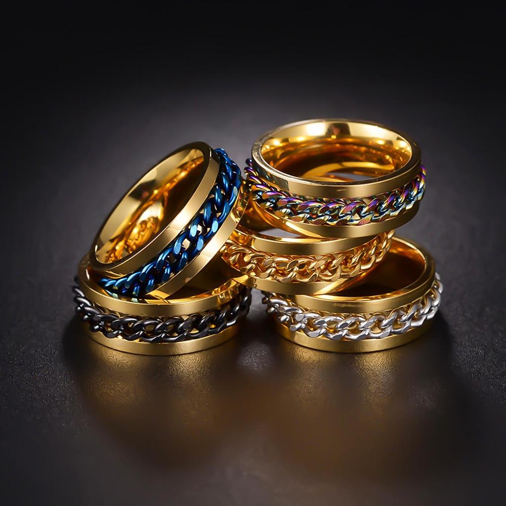 Men's Titanium Steel Rotating Chain Ring - Rotatable Stress Relief Jewelry and Beer Bottle Opener