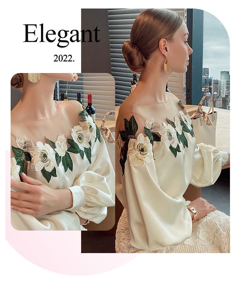 Spring 2024 Women's Chic Floral Embroidered Mesh Shirt