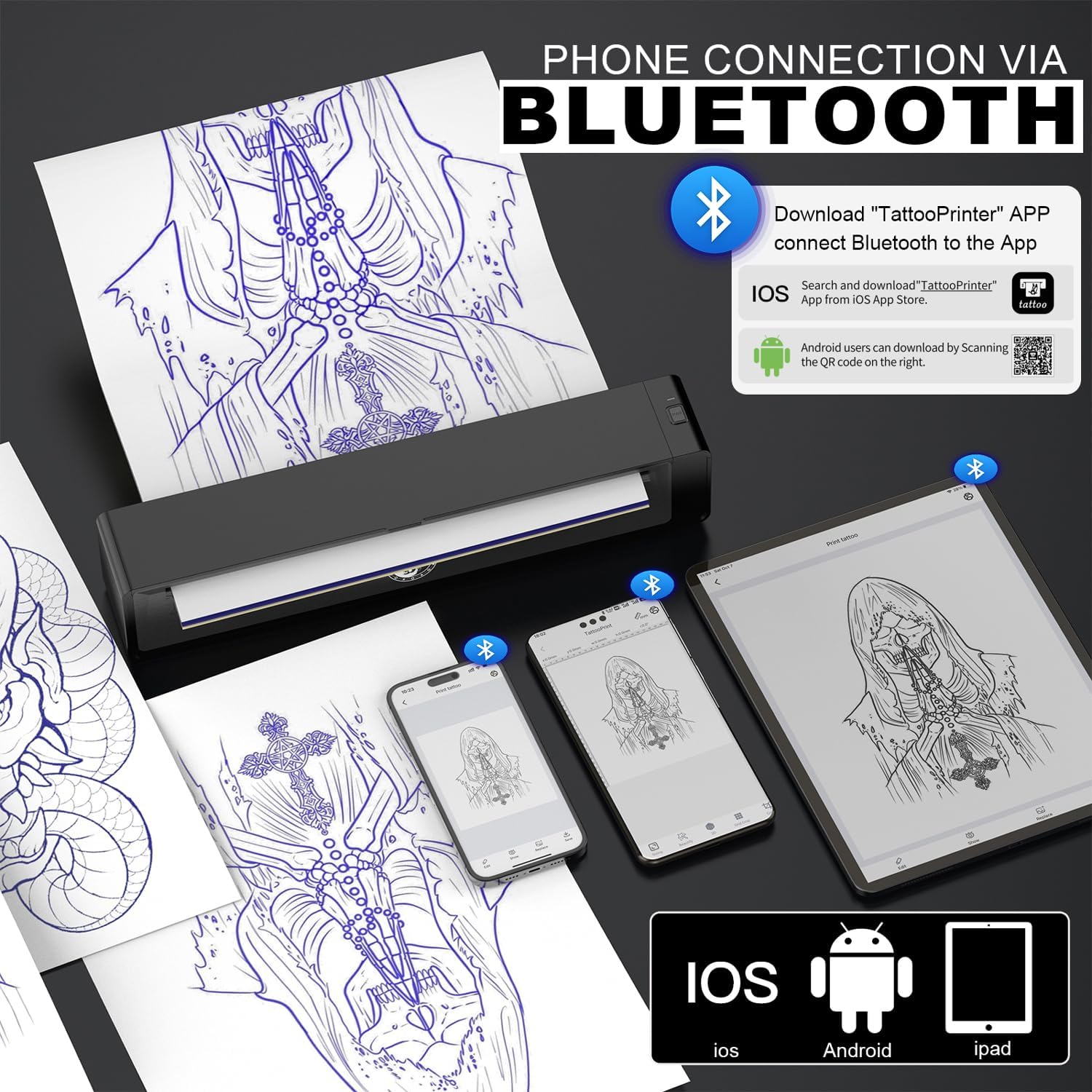 Беспроводной Bluetooth-принтер для тату-трафаретов Wormhole с аккумулятором 2500 мАч, портативный тату-принтер, совместимый с телефоном и ПК, для художников и начинающих -