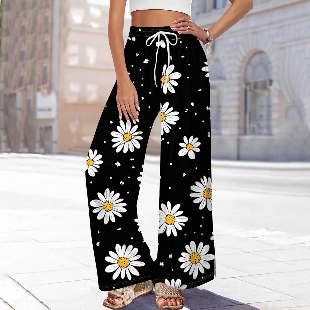 Damen Bedruckte Weitbeinige Hosen mit Taschen Hohe Taille Kordelzug Lockere Freizeit-Hosen