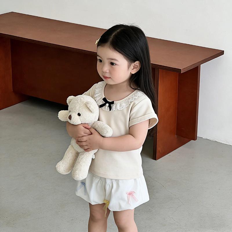 Korean Style Summer 2025 Lace Trim T-shirt & Bloomers Set for Toddlers