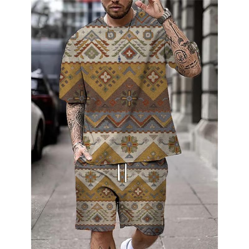 2025 New Summer Men's Short Sleeve Shorts Set Street Everyday Casual Men's T-Shirt Outdoor Fashion Loose Shorts Bohemian Print