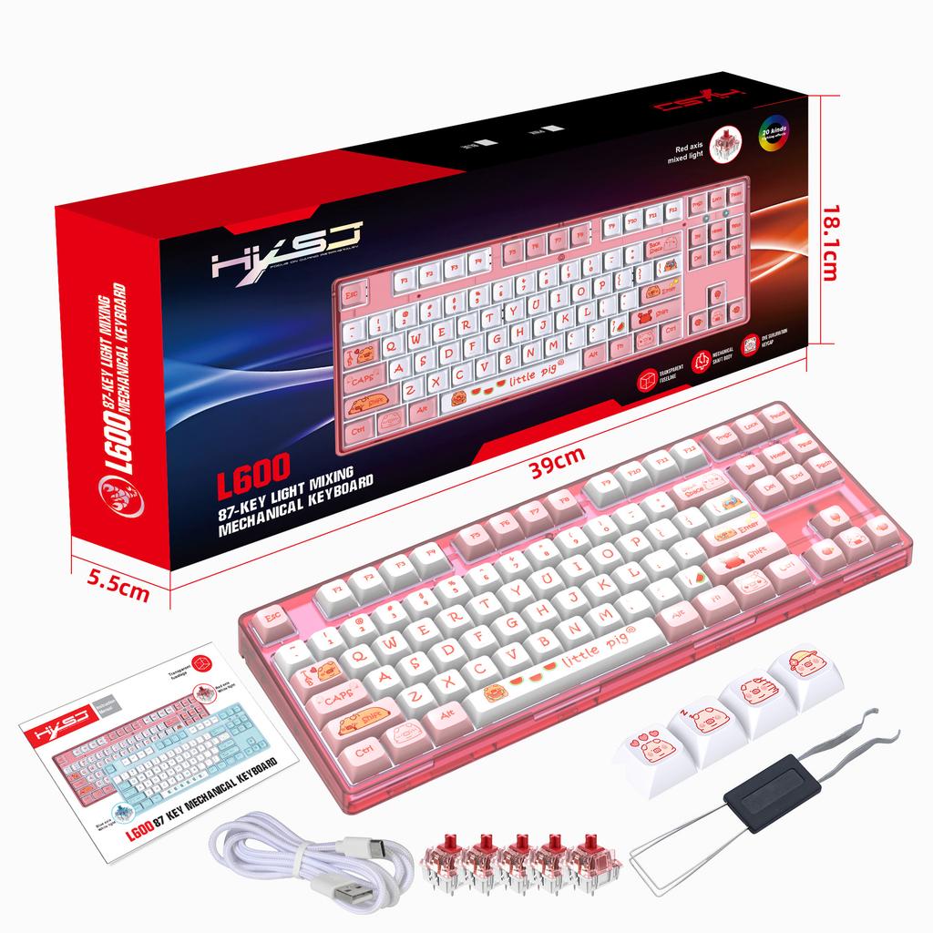 New 87 Key Wired Mechanical Keyboard, Heat Sublimation Cartoon Keycap Gaming Keyboard, Multiple Lighting Options
