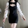 Women's Spicy Lace-up Puff Sleeve Patchwork Dress - Spring/Autumn Slim Fit Short Skirt