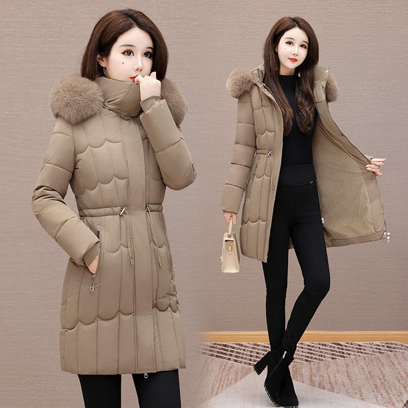 Zahraniční obchod zimní bavlněná dámská nová středně dlouhá korejská verze pas zateplená bavlněná bunda nový bavlněný kabát velký kožešinový límec
