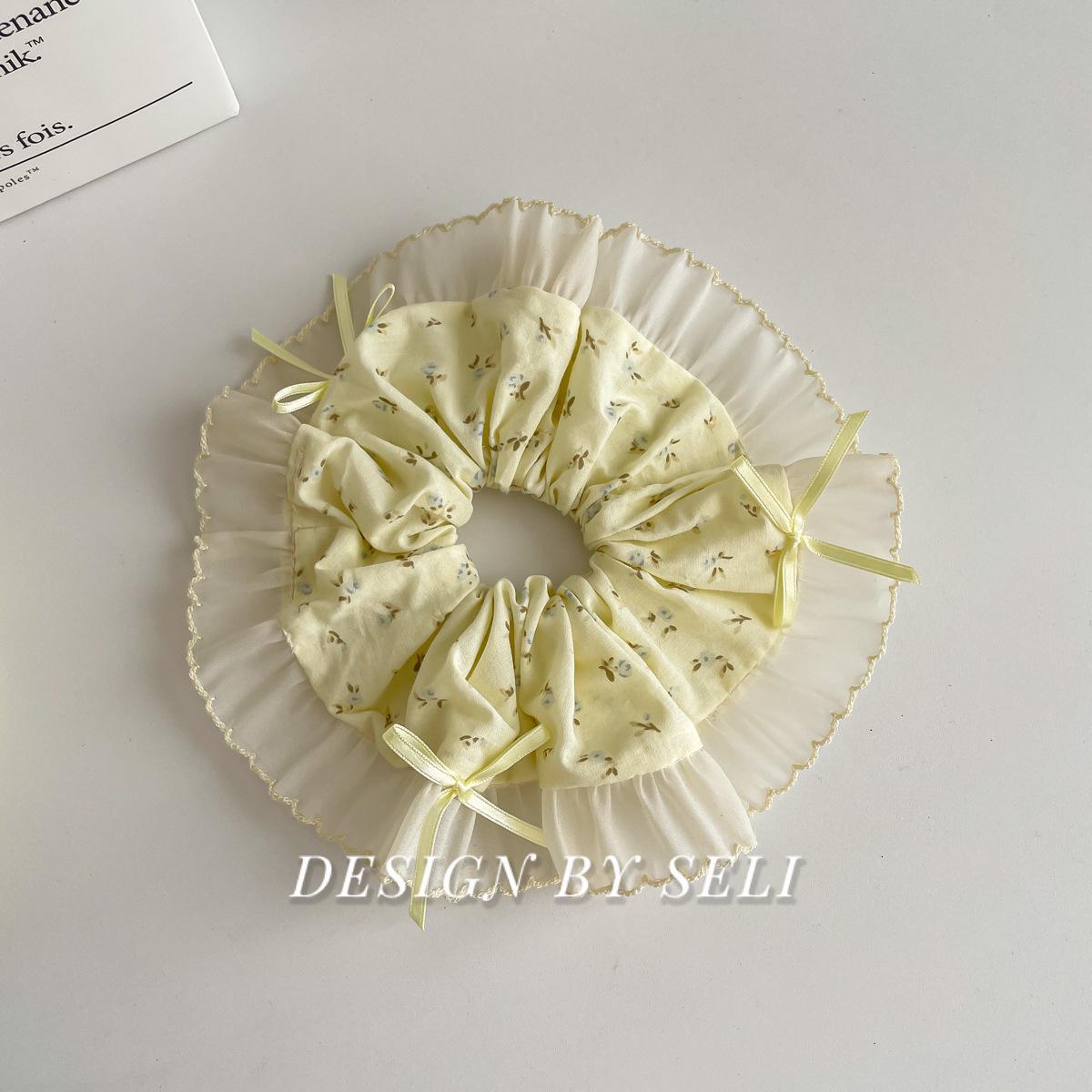 Sweet Floral Light Yellow Bow Hair Tie with Lace - Gentle and Girlish Korean-Style Accessory